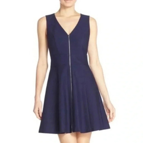ANTHROPOLOGIE. CUT OUT MINI FIT & FLARE BLUE DRESS WITH FRONT ZIPPER - Picture 2 of 14